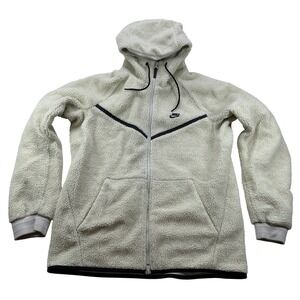 Nike Sherpa Fleece Full Zip Hoodie Jacket Cream White Warm Teddy Logo Size L